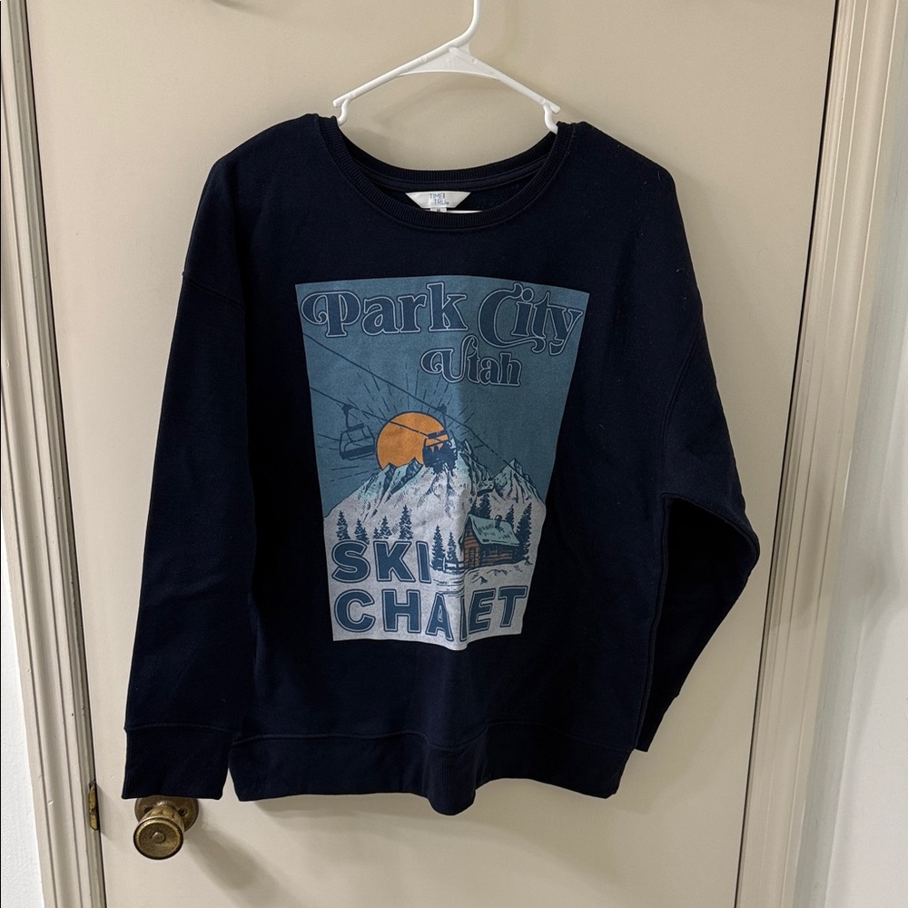 Time and Tru Black Sweatshirt with Blue and Orange Graphic